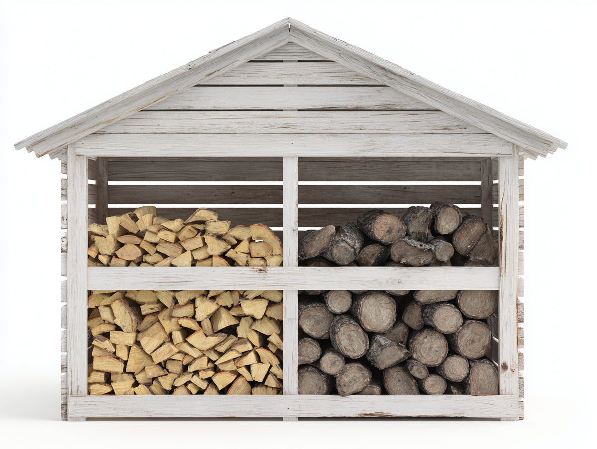 Kaminholzregal Holz 220x80x190 cm - Weiß-Naturholz - Überdachter Brennholzunterstand mit 4 Fächern