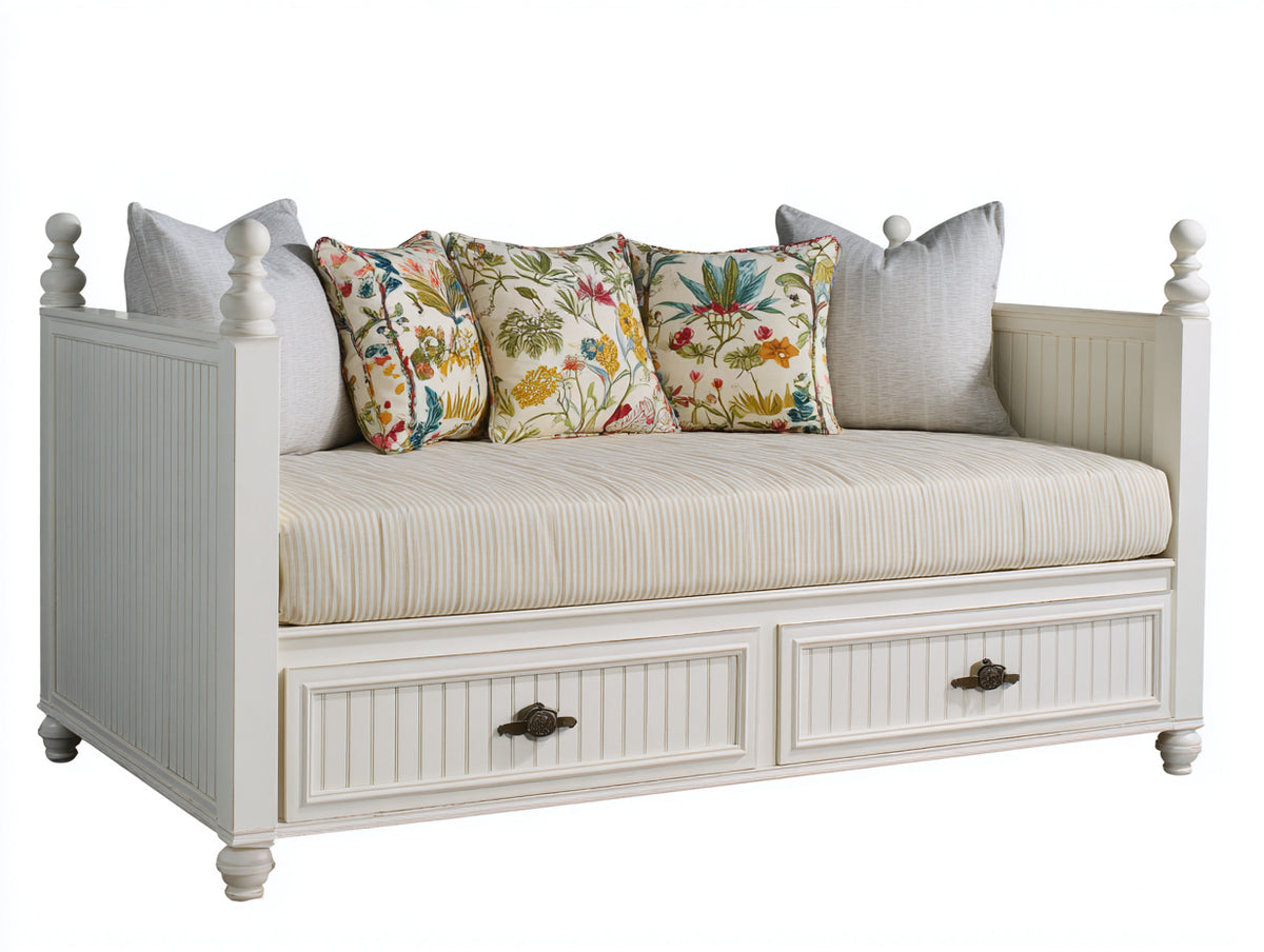 Schlafsofa - Holzrahmen und Textilpolsterung - 205 x 100 x 100 cm - Weiß-Beige - Klassisches Design mit 2 Schubladen