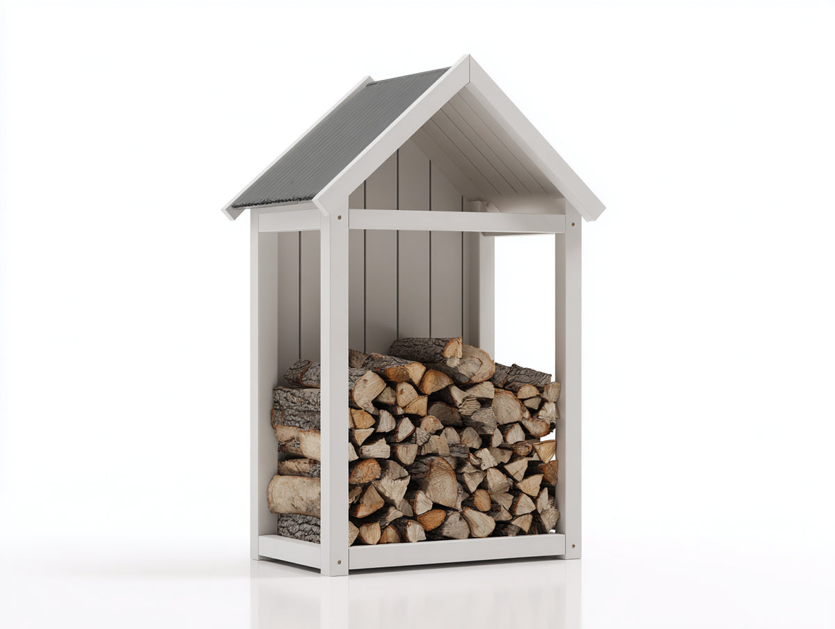 Kaminholzregal - Holz und Metall - 110 x 70 x 185 cm - Weiß-Grau - Kompaktes Brennholzregal mit Satteldach