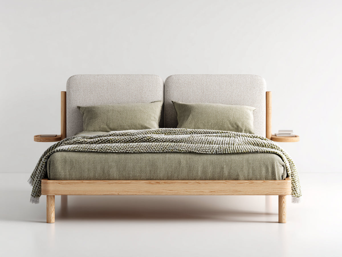 Doppelbett Holz und Stoff 210x180x105 cm - Beige-Naturholz - Modernes gepolstertes Design