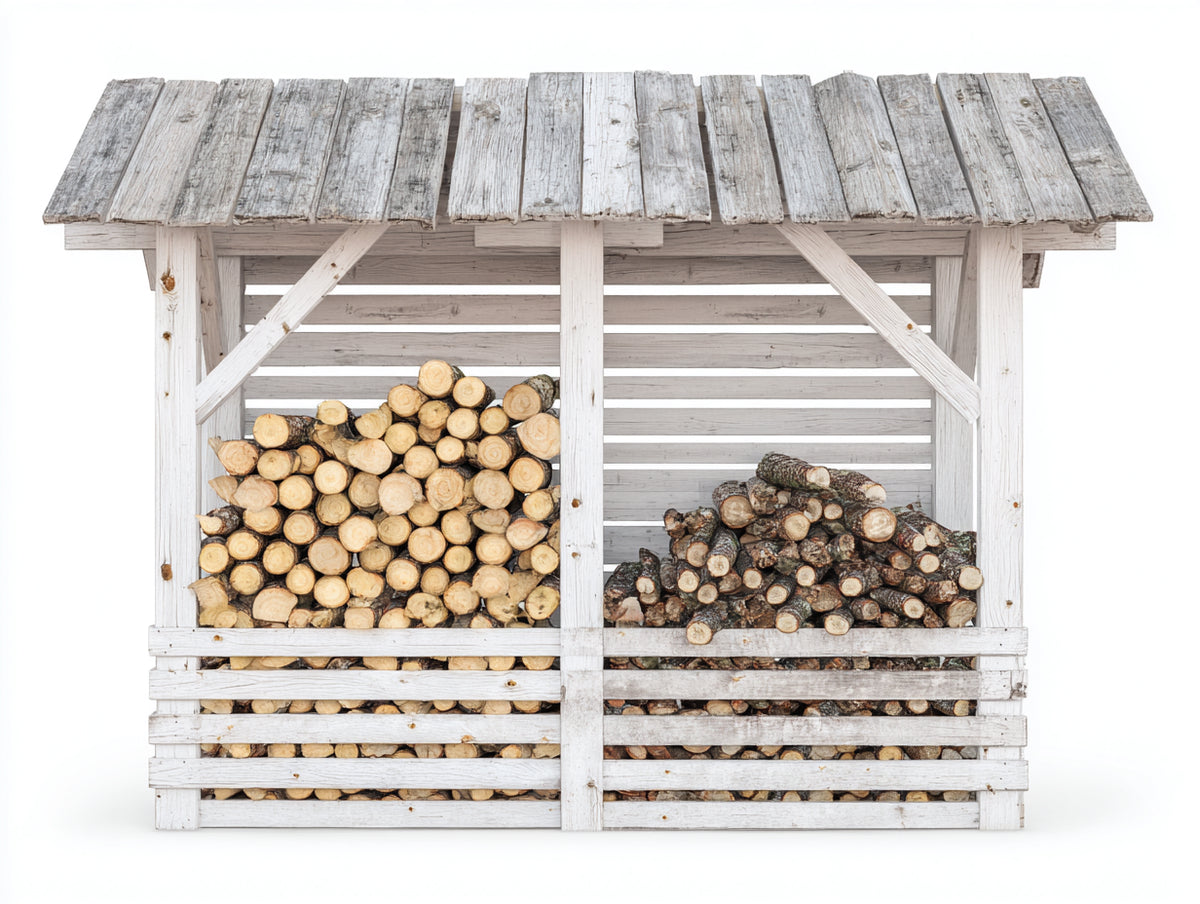 Kaminholzregal aus Holz 200x65x180 cm Weiß Grau - Überdacht - 2 Lagerbereiche