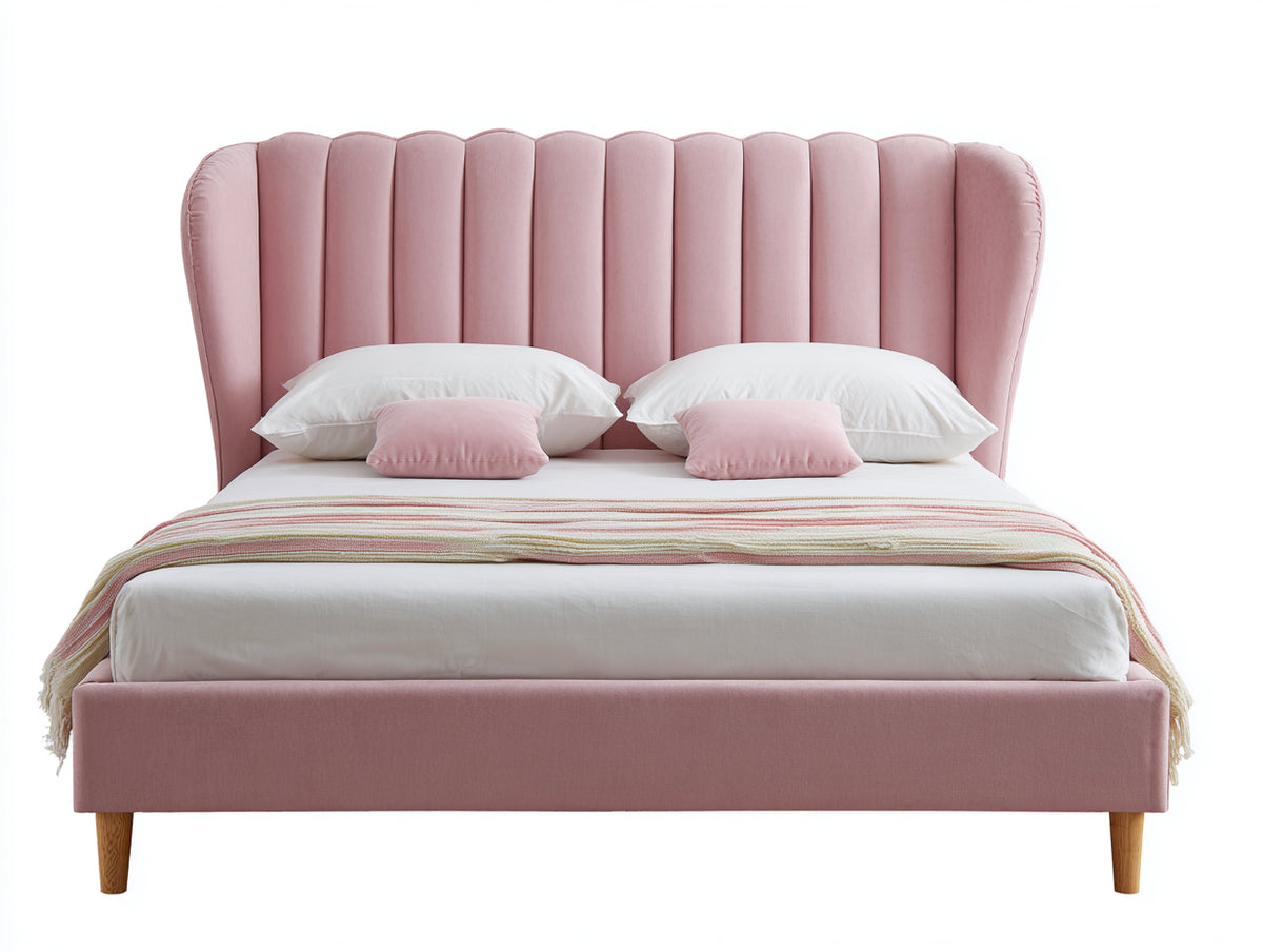 Doppelbett - Stoffpolsterung - 215 x 180 x 128 cm - Rosa-Naturholz - Modernes Design mit hohem Kopfteil